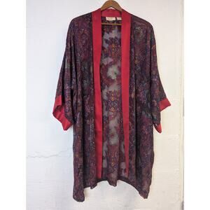Vtg Victorias Secret Robe Gold Label Red Blue Brocade Lightweight Kimono Short